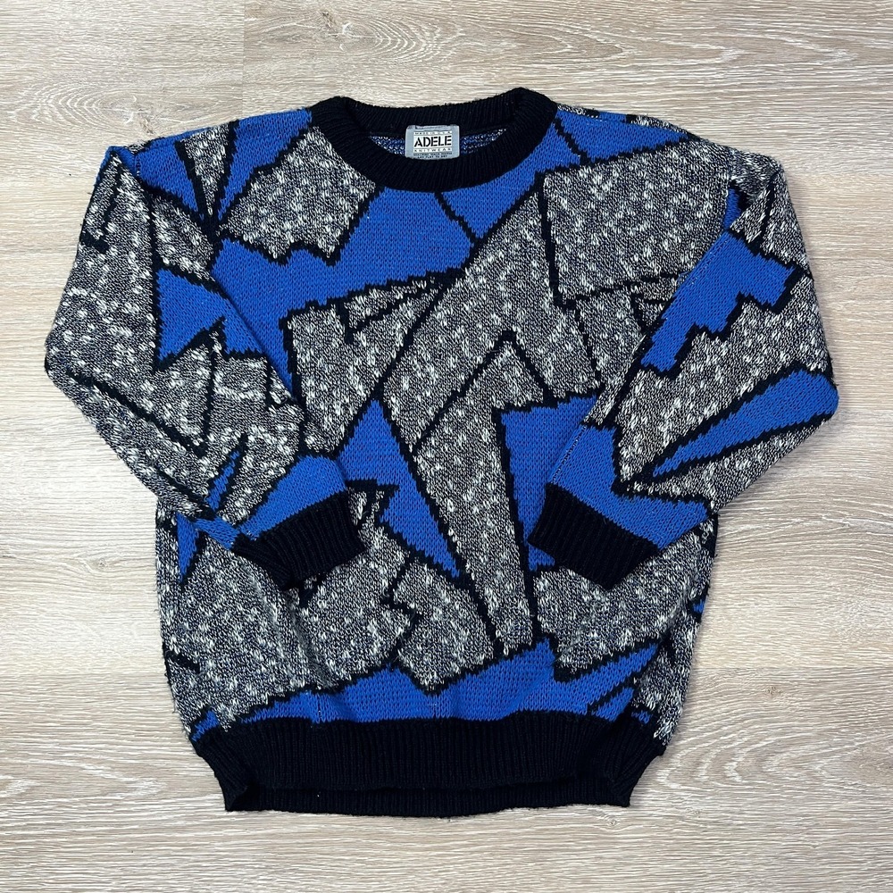 Vintage Adele Knitwear Sweater Womens Large Blue Abstract Geometric Made USA 80s
